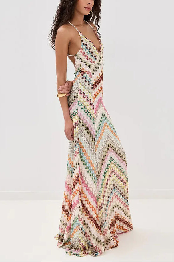 Marie | Robe Longue en Crochet à Fines Bretelles Col en V pour Femme