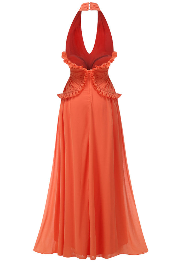 Marlowe | Robe Longue Trapèze à Volants et Licou pour Invitée de Mariage pour Femme