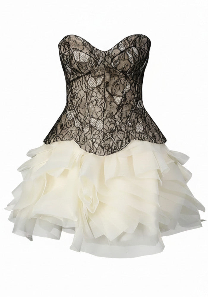 Nyla | Robe de Cocktail Courte à Volants et Corset en Dentelle Sans Bretelles
