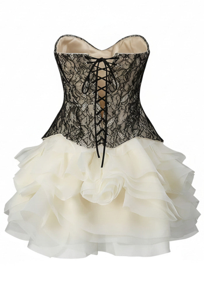 Nyla | Robe de Cocktail Courte à Volants et Corset en Dentelle Sans Bretelles