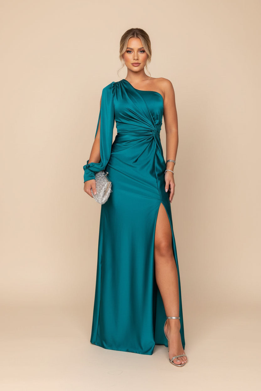 Rachel | Robe de Soirée Longue en Satin à une Épaule et Fente pour Femme