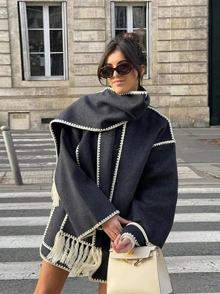 Riley | Manteau Boutonné Brodé pour Femme Avec Écharpe