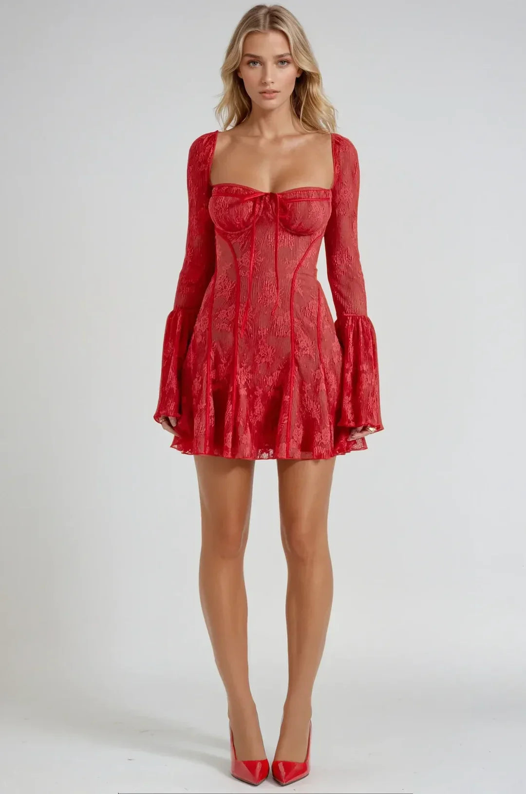Teagan | Robe Courte Romantique en Dentelle à Manches Longues pour Femme