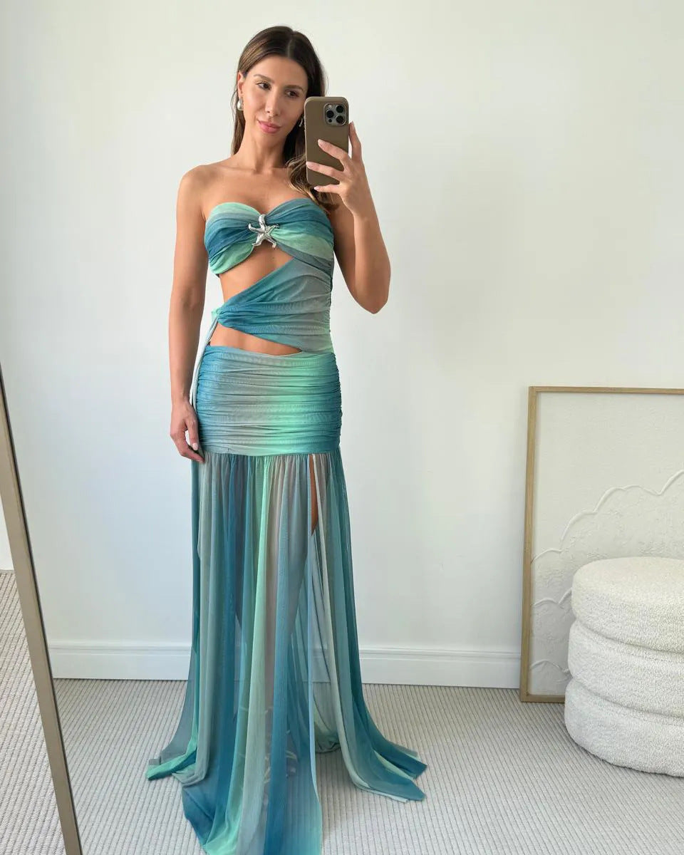 Wren | Robe Longue D'Été en Mesh à Découpes Sans Bretelles pour Femme