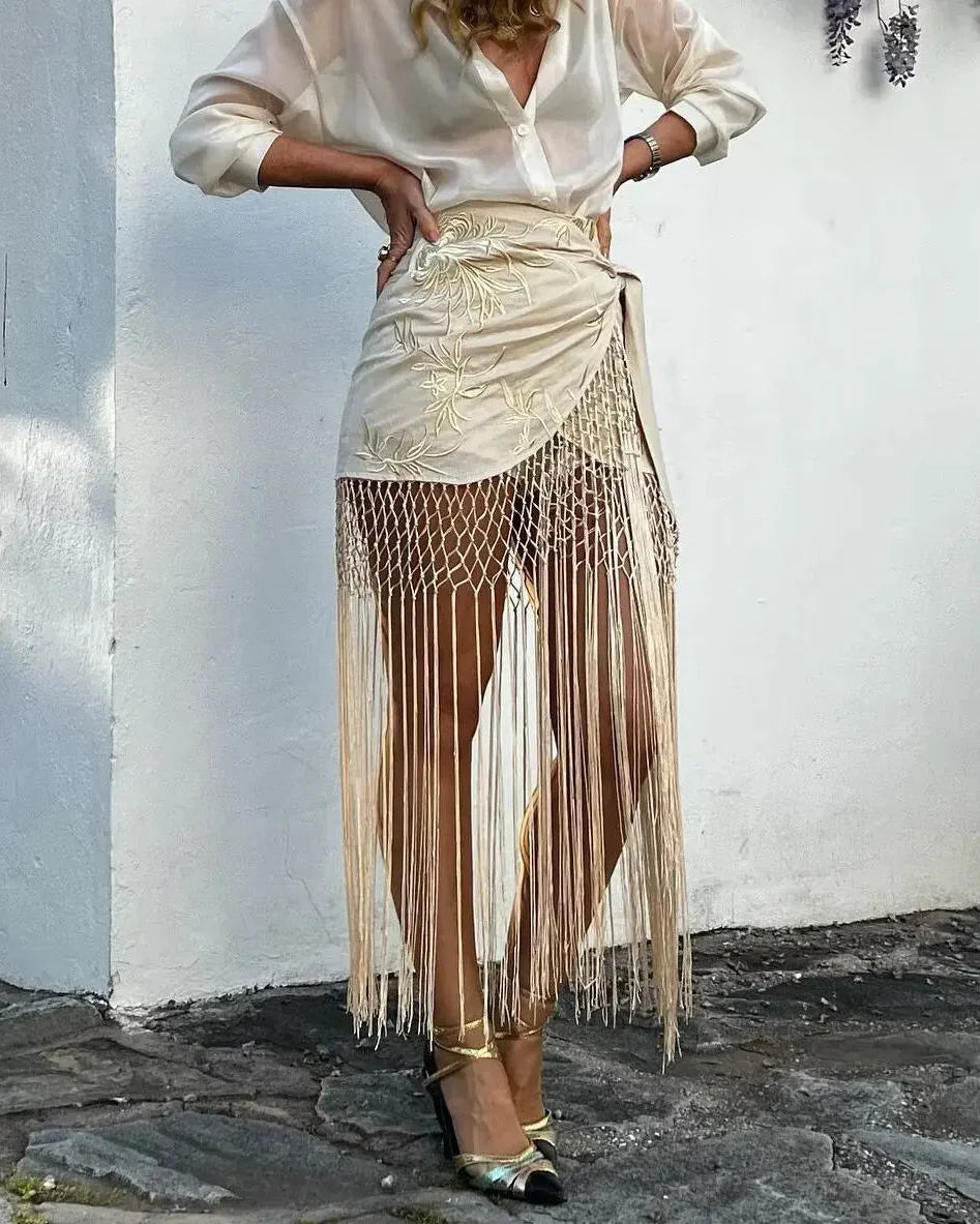 Zariah | Jupe Portefeuille Brodée à Franges pour Femme